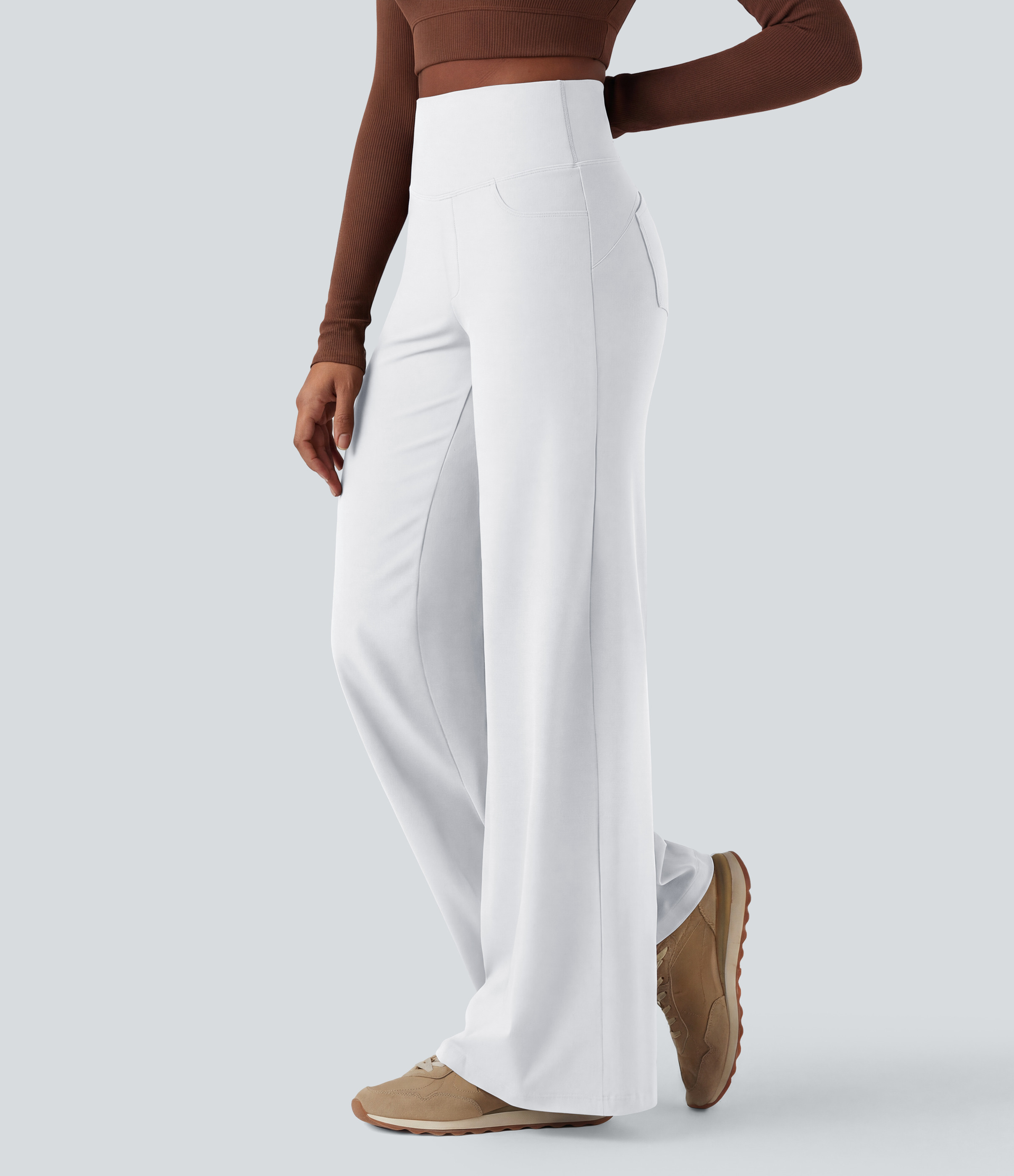 Halara - DayStretch - Yoga-Hose mit hohem Bund, Seitentaschen, Bauchkontrolle und weitem Bein - Weiß - XL(regular) | Halara - DE