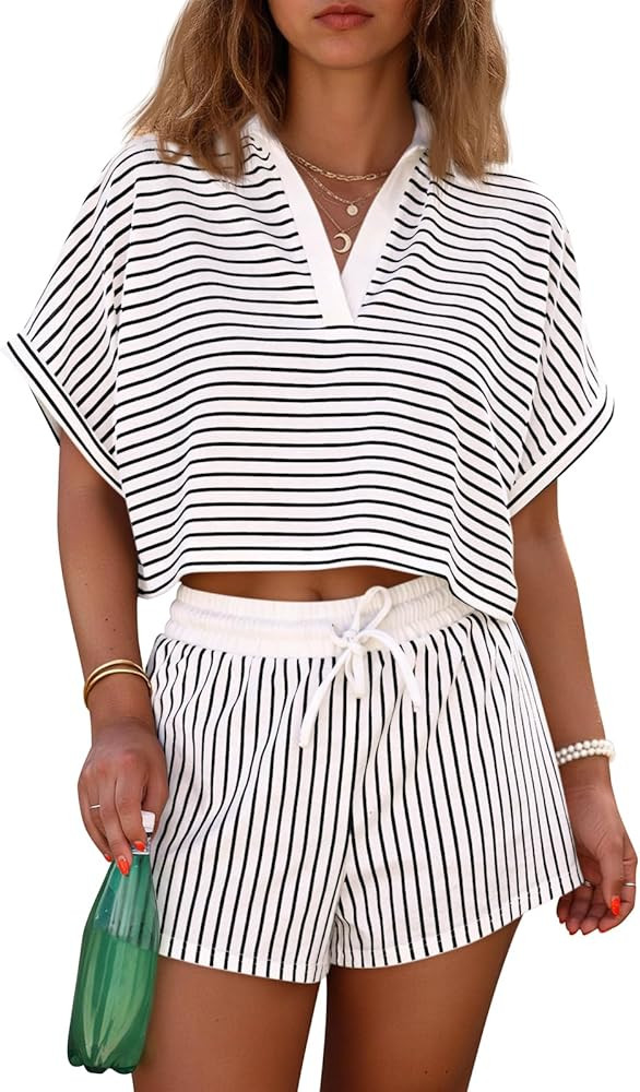 Cicy Bell Womens Striped 2 Piece Short Sets Summer Short Sleeve Collared V Neck Cropped Tops Vaca... | Amazon (US)