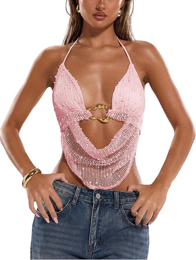 MakeMeChic Women's Y2k Crochet Halter Top Open Back Metal Ring Draped Front Summer Sequin Rave Pa... | Amazon (US)