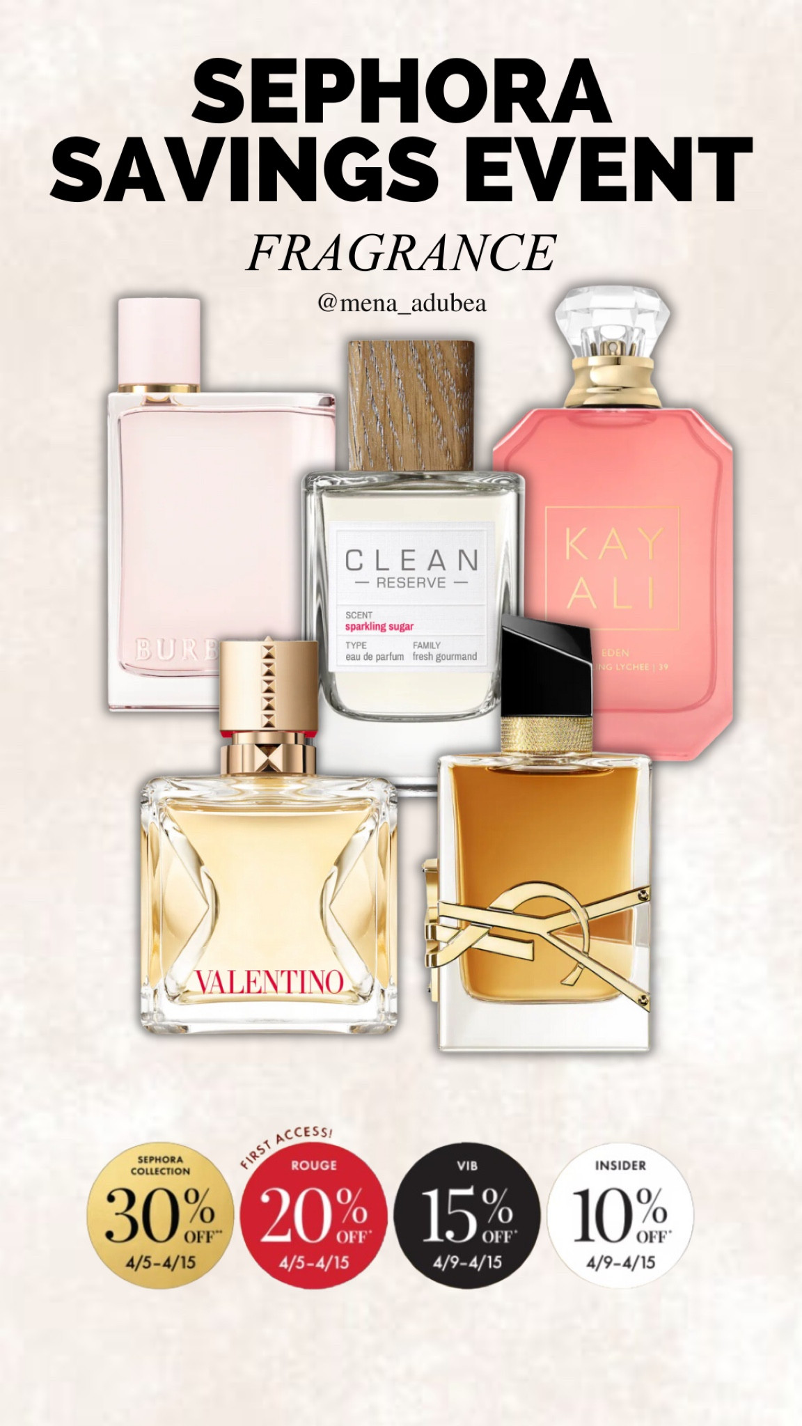 Sephora’s Savings Event is happening now April 5-April 15

20% IS VALID FOR ROUGE MEMBERS 
15% IS VALID FOR VIB MEMBERS 
10% IS VALID FOR BEAUTY INSIDER MEMBERS 

Beauty Insiders get 30% off all Sephora Collection.

#LTKbeauty #LTKxSephora