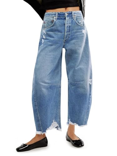 Cicy Bell Womens Baggy Barrel Jeans Cropped Boyfriend Wide Leg Raw Hem Denim Pants Light Blue | Amazon (US)