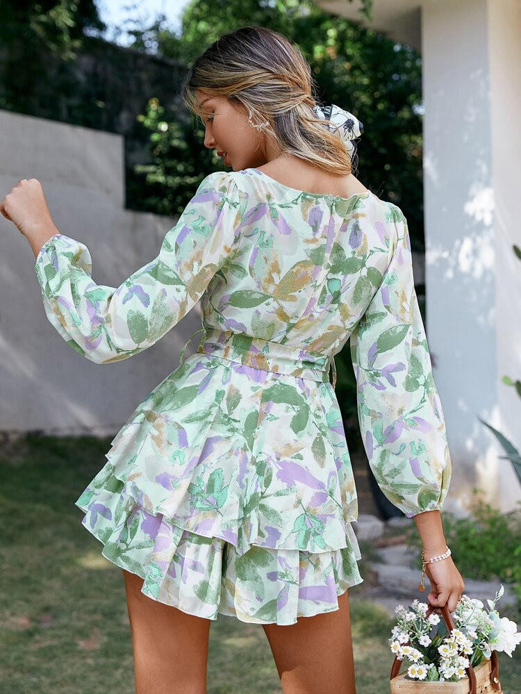 Simplee Floral Print Lantern Sleeve Belted Layered Ruffle Romper | SHEIN