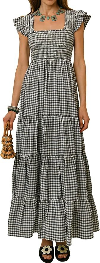 R.Vivimos 2026 Summer Cotton Plaid Maxi Dresses for Women Flutter Sleeve Square Neck Smocked Ruff... | Amazon (US)