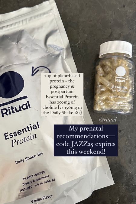 My prenatal must-haves from Ritual 🤍

• Pregnancy & postpartum Essential protein - 20g of plant-based protein + the
Essential Protein has 250mg of choline [vs 150mg in the Daily Shake 18+J
• Prenatal multivitamin

+ linked their choline add on & their essential protein powder and multivitamin if you are not expecting or postpartum!

#LTKsalealert #LTKbump #LTKhome