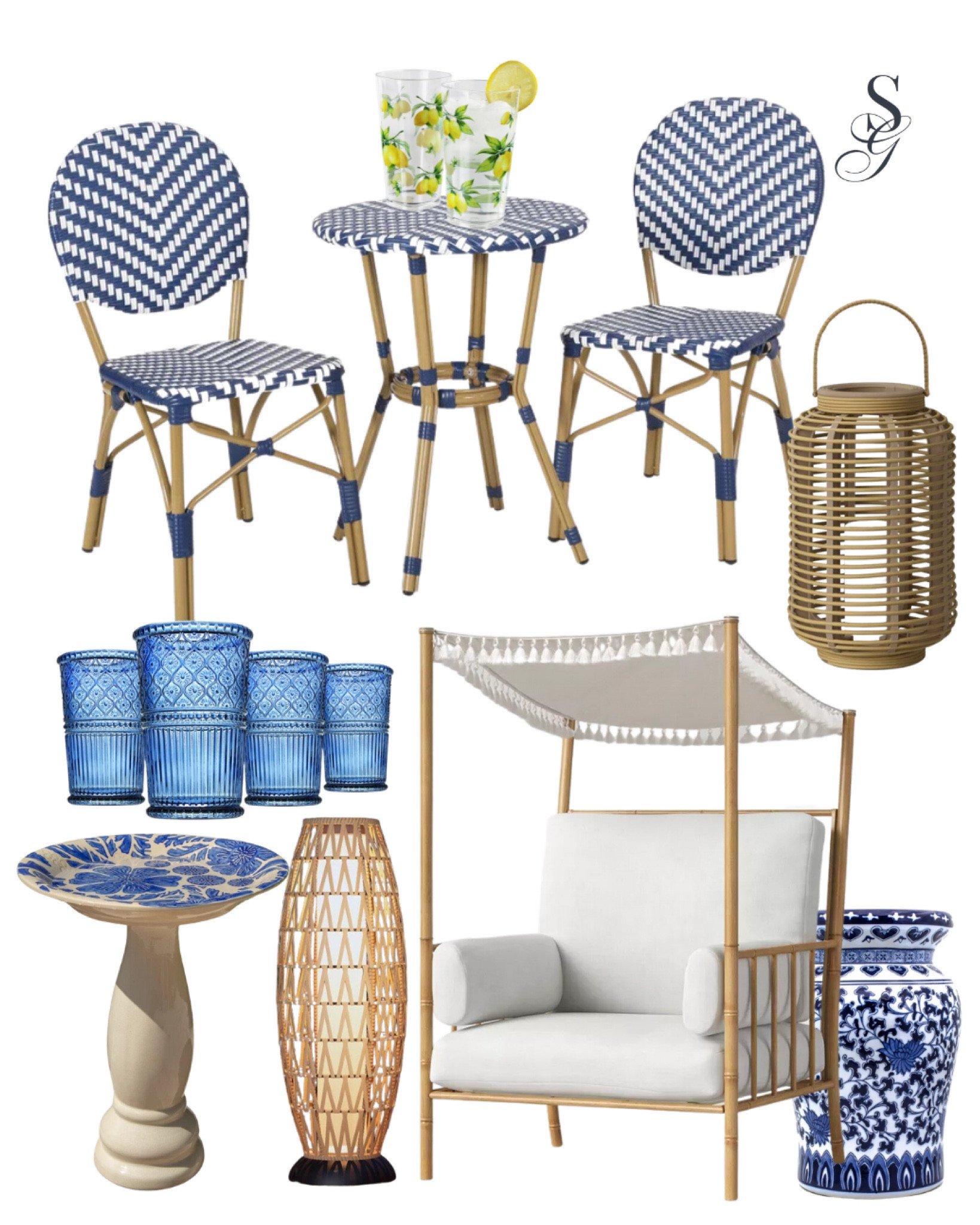 Bistro table and chairs, bird bath, chinoiserie, chinoisiere garden stool, chinoiserie home, lemon glasses, blue glasses, lantern, wicker furniture, canopy chair, target sale, ottoman, outdoor lighting , southern living, porch styling, porch furniture, deck furniture , home decor finds, blue and white, canopy chair


#outdoordecor #chinoisiere #preppy #southernstyle #chinoisieredecor #grandmillenial #southernhoke #outdoorchair #outdoortableandchairs #bistroset #wicker #preppystyle #birdbath 

#LTKSeasonal #LTKFind #LTKhome