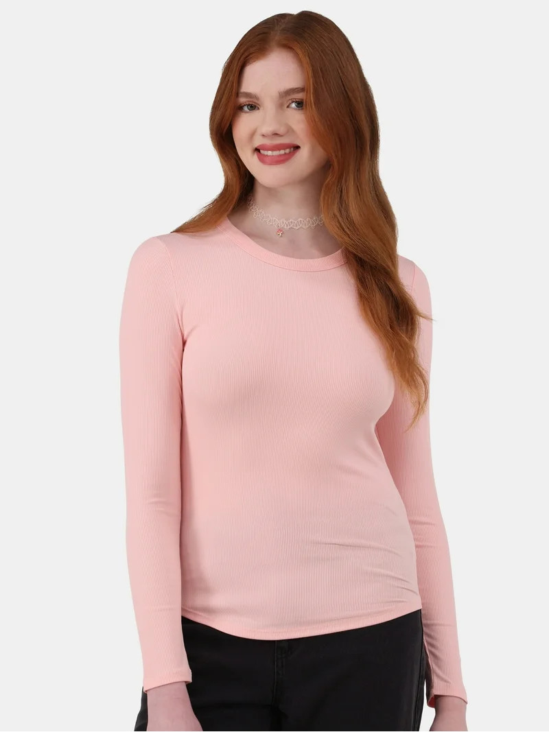 No Boundaries Crewneck Ribbed Tee with Long-Sleeves, Women's and Women’s Plus | Walmart (US)