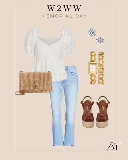 cotton eyelet top 
mother frayed hem crop jeans 
ysl kate bag
ysl espadrille wedge 
gold watch 

#LTKSeasonal #LTKstyletip #LTKFind