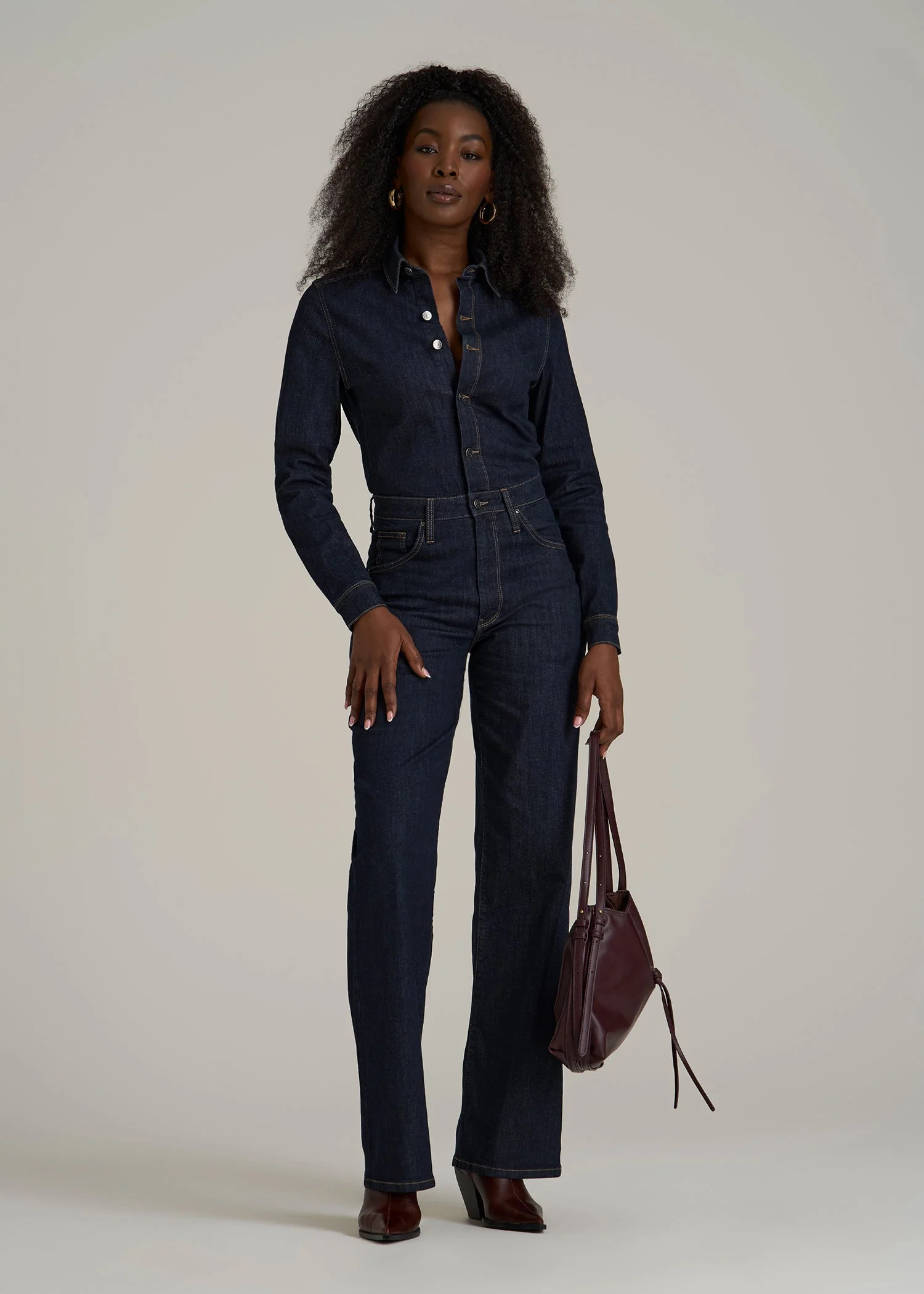 Long Sleeve Denim Jumpsuit for Tall Women in Rinse Wash | American Tall
