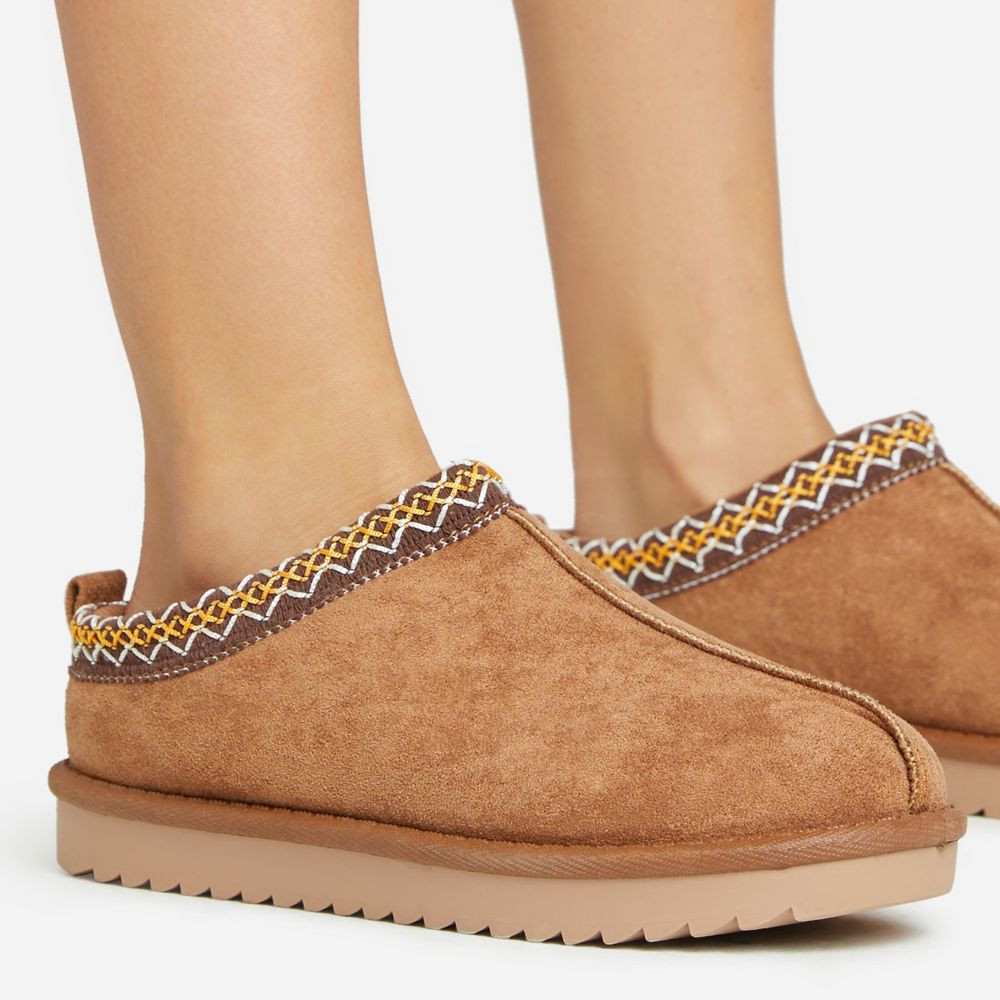 Catch-Up Aztec Detail Faux Fur Lining Flat Slipper In Chestnut Brown Faux Suede | EGO (UK)