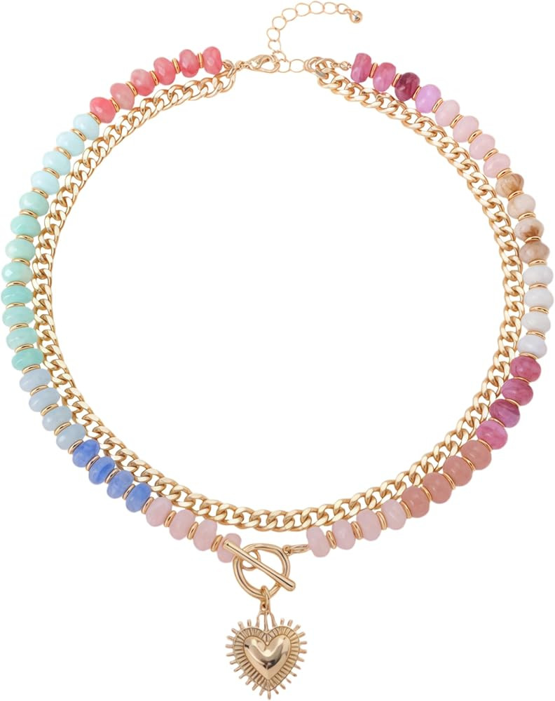 Colorful Beaded Necklace For Women, Heart Pendant Acrylic Rainbow Beads Cuban Chain Boho Double-l... | Amazon (US)