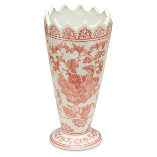 9.5" Chinoiserie Sawtooth Vase, Red | One Kings Lane