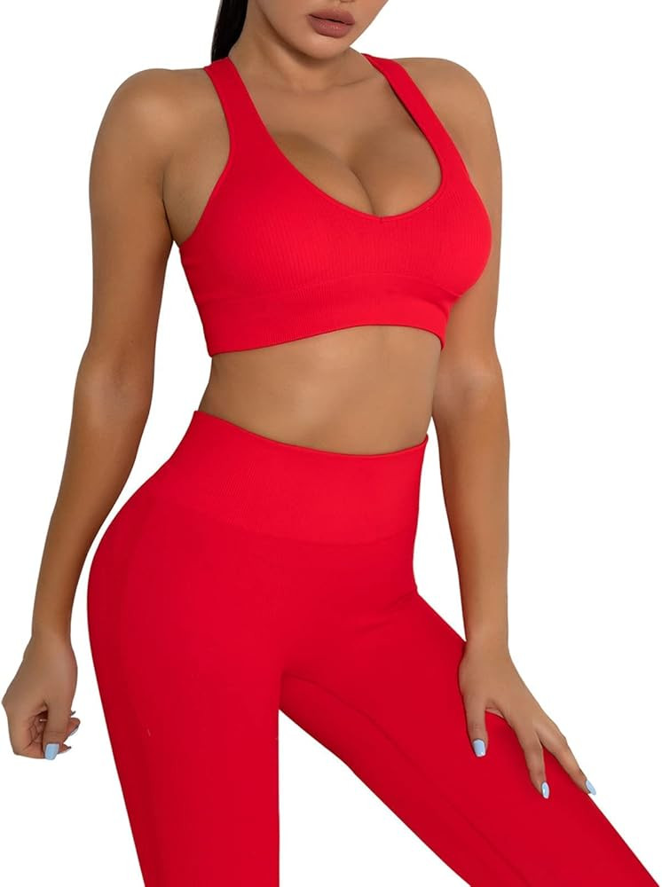 DADAB Workout Sets Two Piece Outfits for Women Clothes Gym Yoga Seamless Racerback Sports Bra Tank T | Amazon (US)