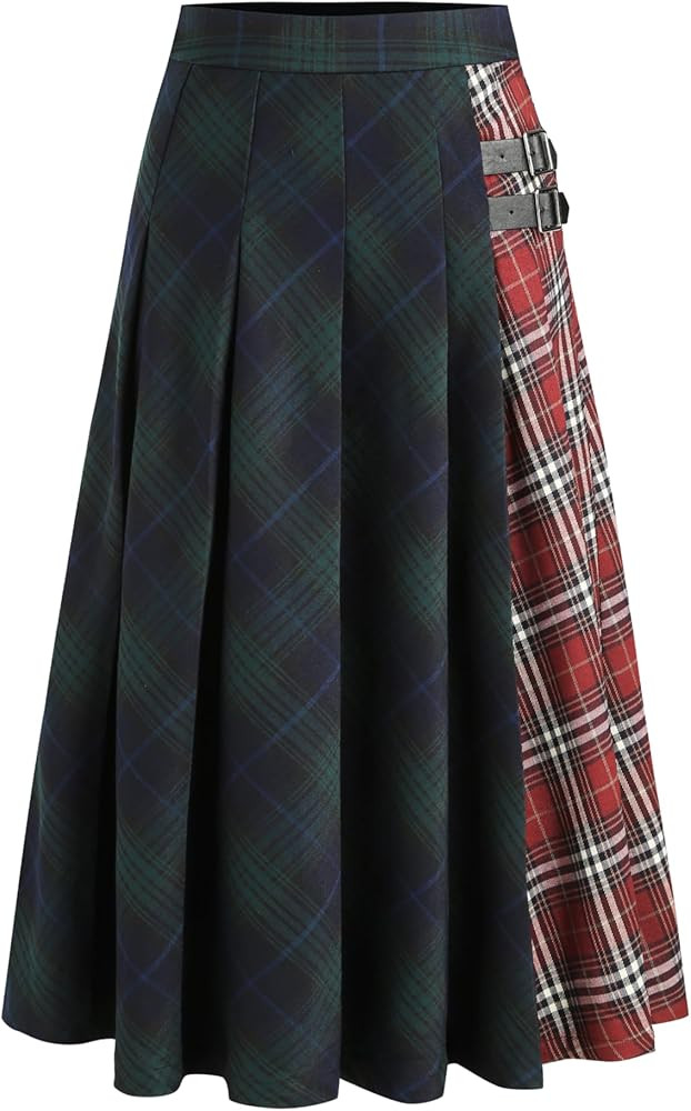CIDER Plaid Skirts for Women Patched Check Buckle Maxi Mid Waist Long Women Casual Skirt | Amazon (US)