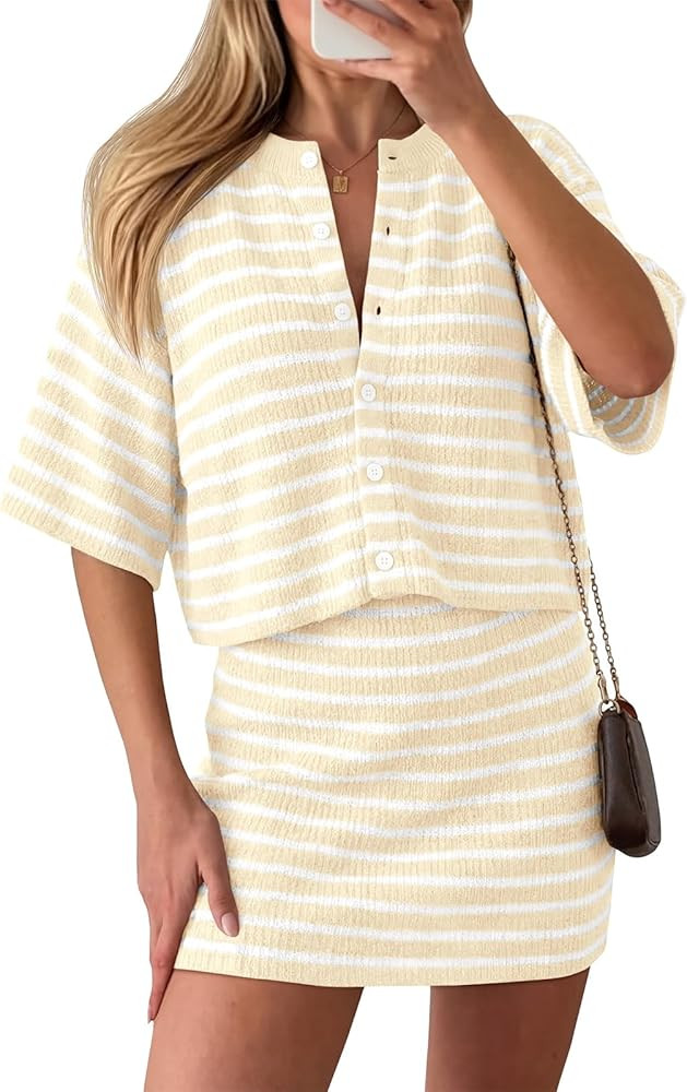 Amazon.com: Saodimallsu Womens Two Piece Skirt Set Summer Striped Knit Short Sleeve Button Cardig... | Amazon (US)