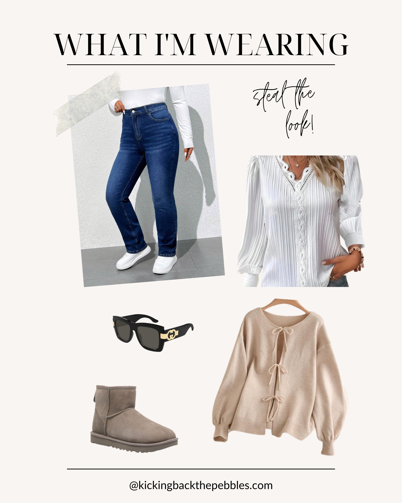 Effortlessly chic and comfy! 🤍 The look: high-stretch jeans, a crisp white V-neck blouse, an apricot loose-knit cardigan, Gucci sunnies for a luxe touch, and cozy suede Ugg ankle boots. Perfect for any casual day out! ✨ #OOTD #CasualChic 

 #LTKOver40 #LTKStyleTip #LTKPlusSize