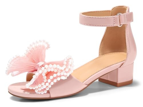 Coutgo Girls Dress Shoes Sandals Bow Pearl Open Toe Low Chunky Heels Ankle Strap Flower Girl Wedding Party Shoes for Little Kids, Pink, Size 13 | Amazon (US)