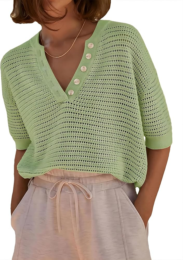 Imily Bela Womens Short Sleeve Summer Tops Casual Crochet V Neck Button Up Hollow Out Knit Sweate... | Amazon (US)