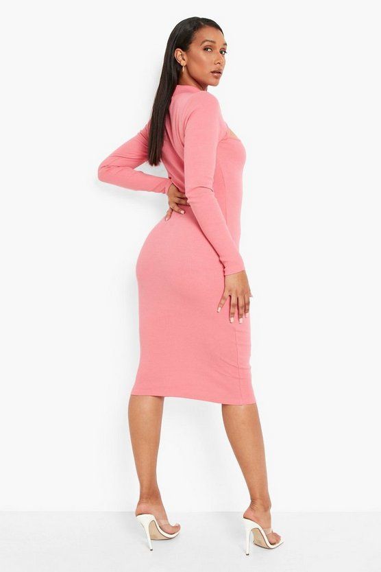 Premium Rib Cut Out Long Sleeve Midi Dress | Boohoo.com (US & CA)