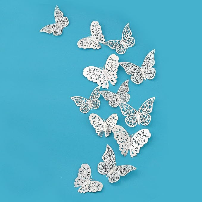 pinkblume Silver Butterfly Decorations 3D Wall Decals Metallic Art Sticker DIY Man-Made Removable... | Amazon (US)
