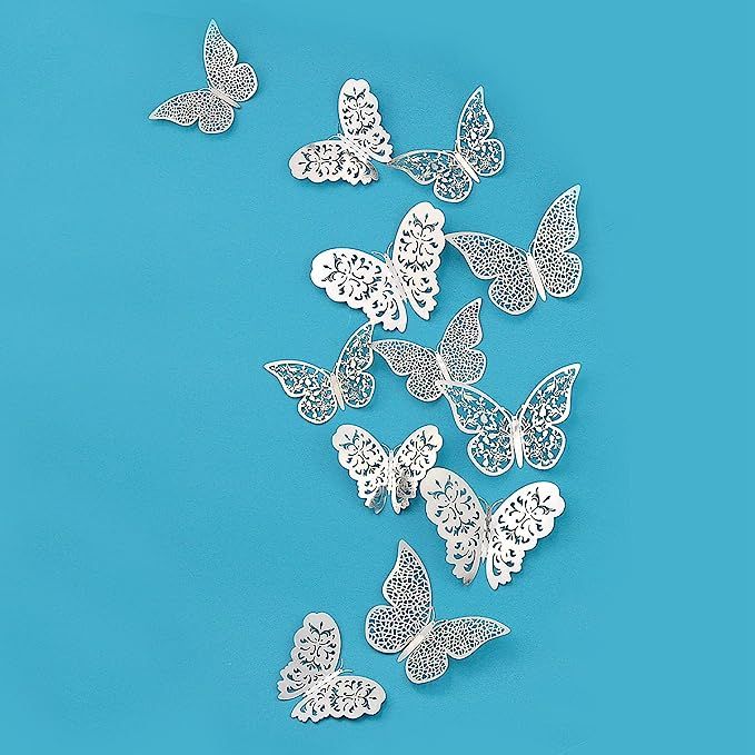 pinkblume Silver Butterfly Decorations 3D Wall Decals Metallic Art Sticker DIY Man-Made Removable... | Amazon (US)