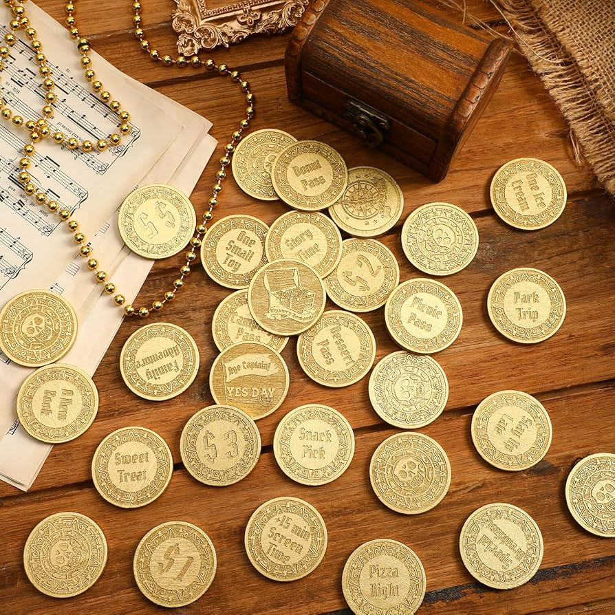 CypherX Pirate Treasure Hunt Coins – 30 Wooden Reward Tokens, Pirate Golden Treasure Coins, Red... | Amazon (US)