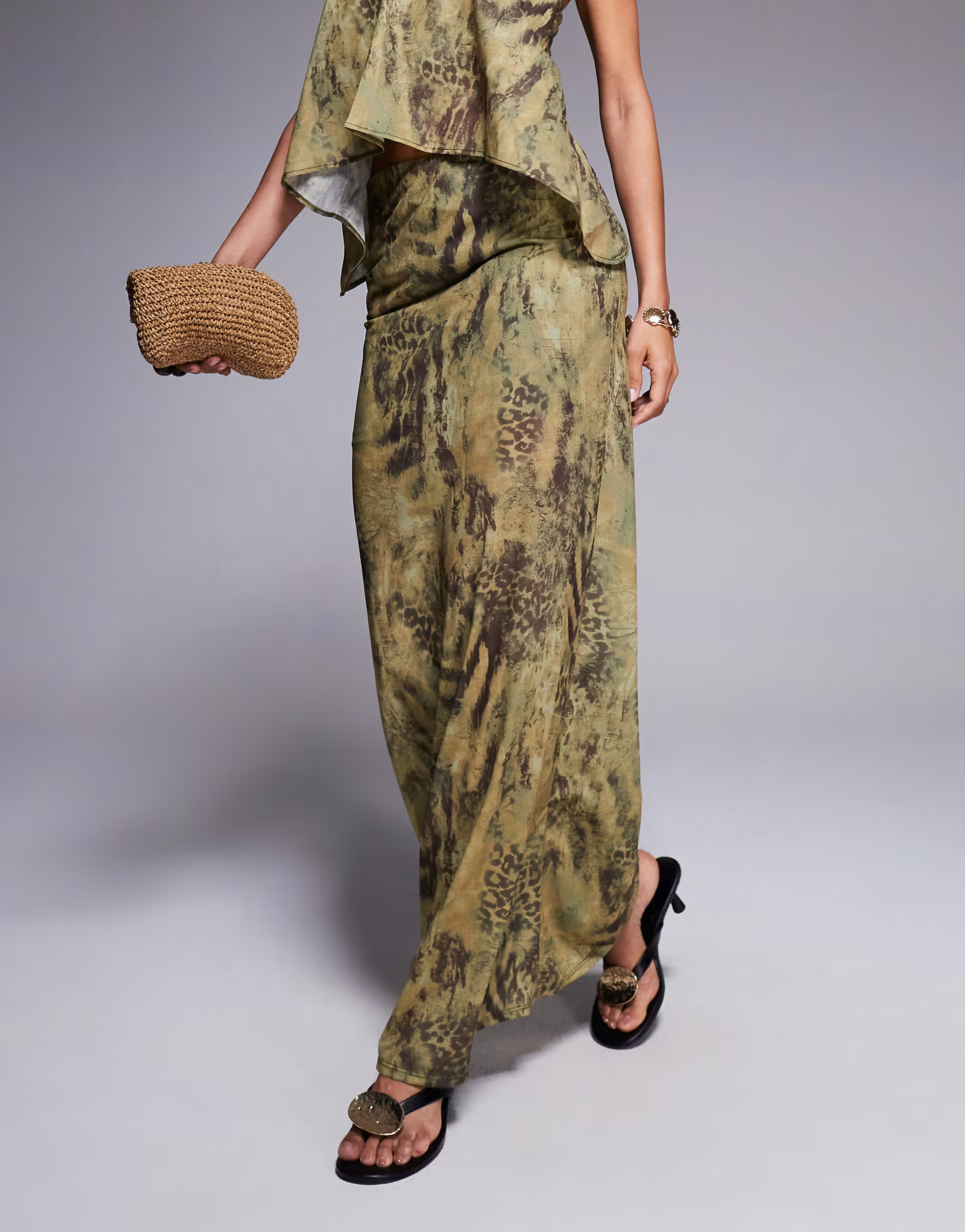 ASOS DESIGN mesh maxi skirt with split in green animal print - part of a set | ASOS (Global)