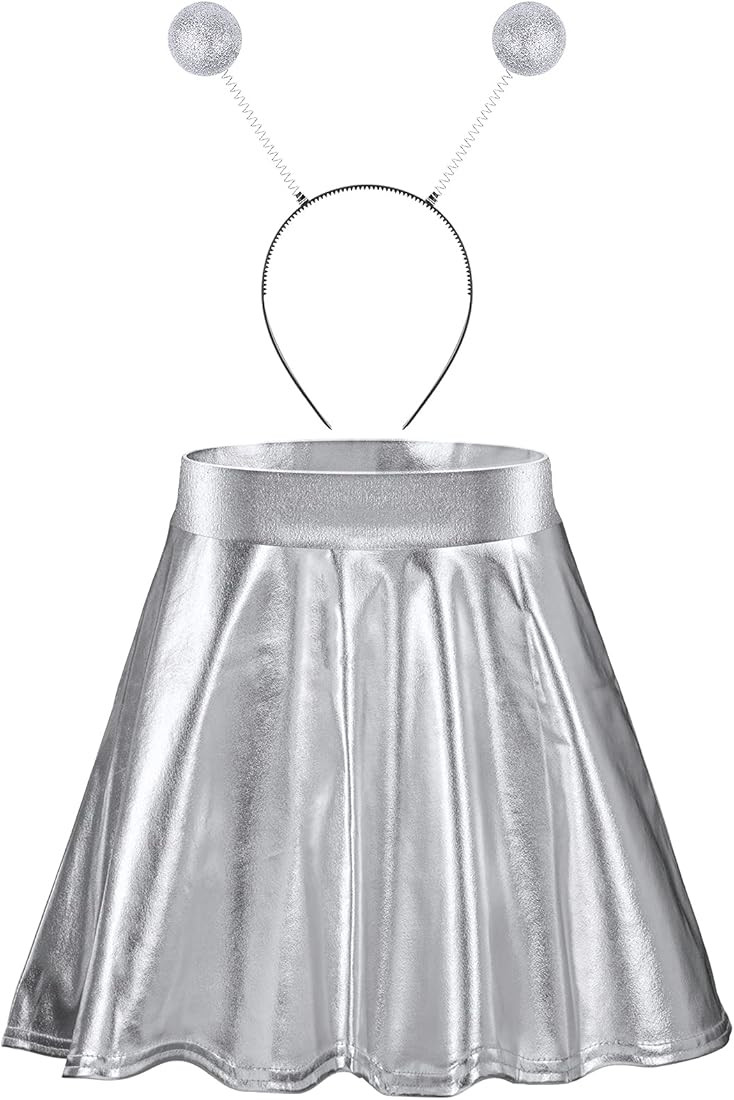 Halloween Alien Headband and Metallic Skirt Flared Pleated Skater Skirt for Halloween Supplies | Amazon (US)