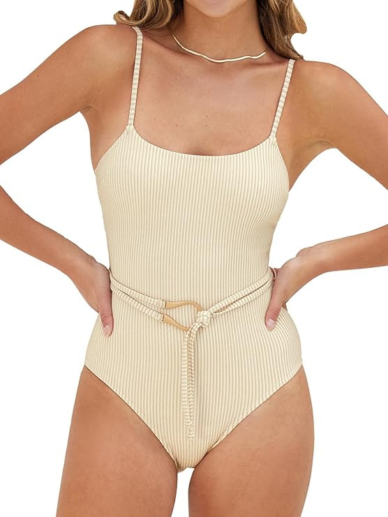 CUPSHE Women Swimsuit One Piece Textured Belted Scoop Neck Bathing Suit in Sparkling Fabric | Amazon (US)