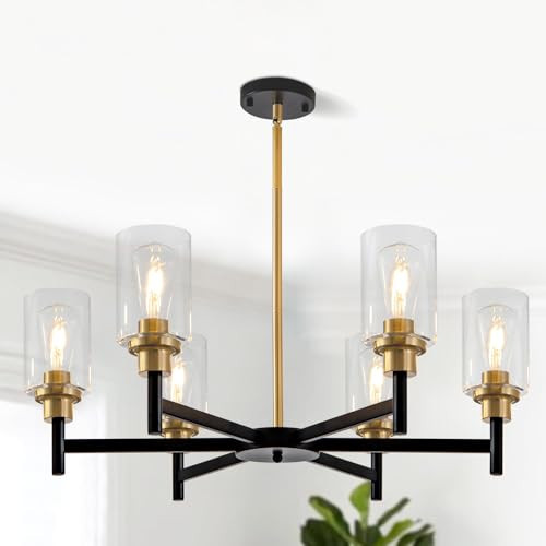HCCZ 6 Light Dining Room Light Fixture Black & Brushed Brass Gold Farmhouse Chandelier Over Table Modern Hanging Pendant Lighting for Living Room Foyer Kitchen Adjustable Height E26 Socket | Amazon (US)