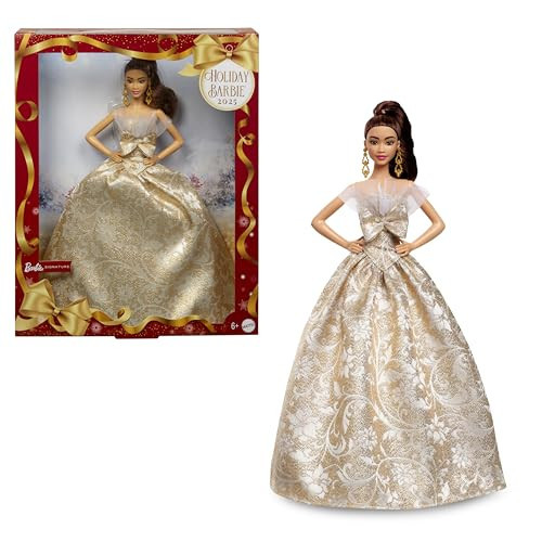 Barbie Signature 2025 Holiday Light Brown Hair Fashion Doll Wearing Silver & Gold Gown, Seasonal Collector in Displayable Packaging & Stand | Amazon (US)