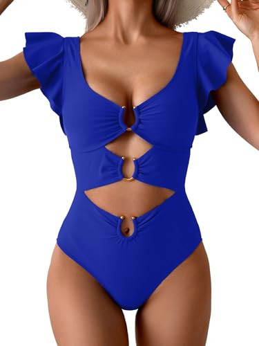 B2prity Women's One Piece Swimsuit Ruffle Sleeve Cut Out Bathing Suit Tie Back High Waisted Swim Suit Royal Blue | Amazon (US)
