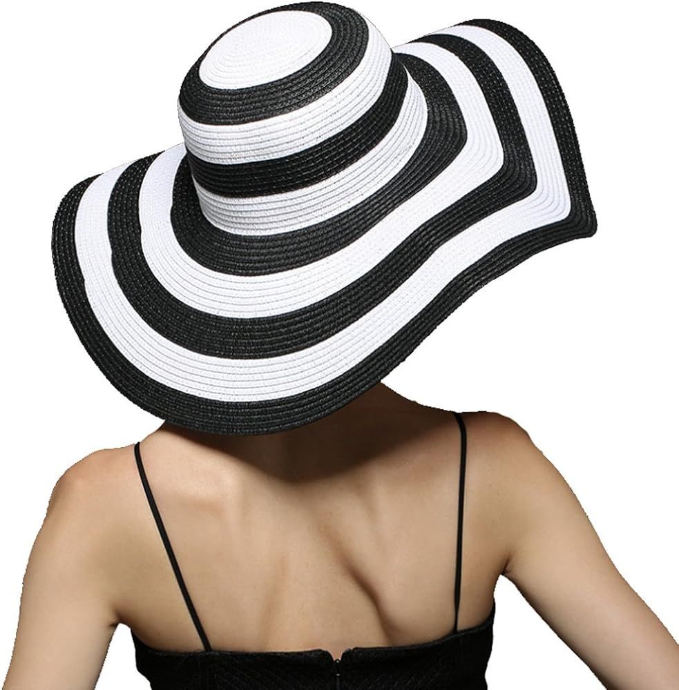 Women Girls Black White Striped Straw Hat Foldable Floppy Wide Brim Beach Hat Sun UV Protection V... | Amazon (US)
