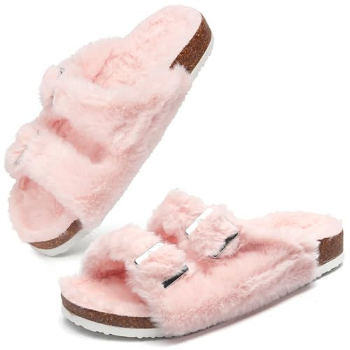 QIMYGIFT Fuzzy Slippers for Women with Arch Support Cozy Lining Adjustable Straps Fluffy House Slippers Cork Fur Slides Sandals | Amazon (US)