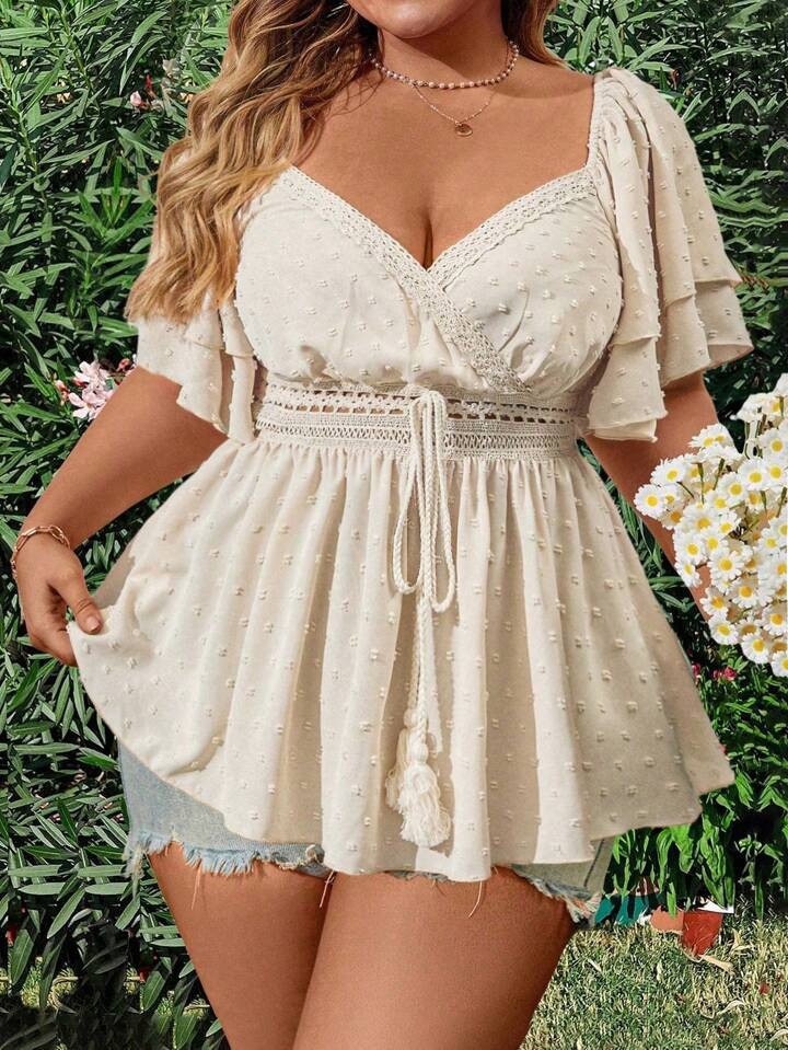 SHEIN WYWH Plus Size Women Summer Sweet Fringed Drawstring Mandarin Collar Short-Sleeved Shirt | SHEIN