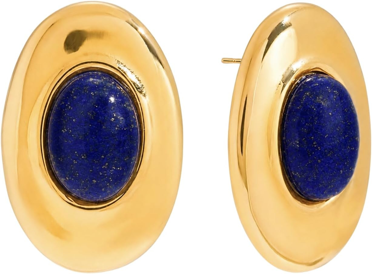 House Of Hunter St. Tropez Earrings | Gold Lapis Lazuli Statement Earrings for Women – Chunky Oval Dome Stud Earrings, Vintage Inspired Bold Gold Earrings, Blue Stone Earrings | Amazon (US)