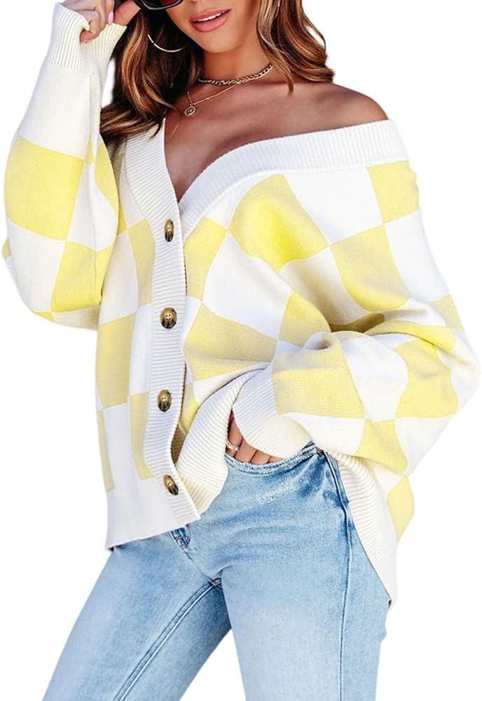 Dokotoo Womens Plaid V Neck Button Down Long Sleeve Cable Knit Oversized Cardigan Sweaters Tops | Amazon (US)