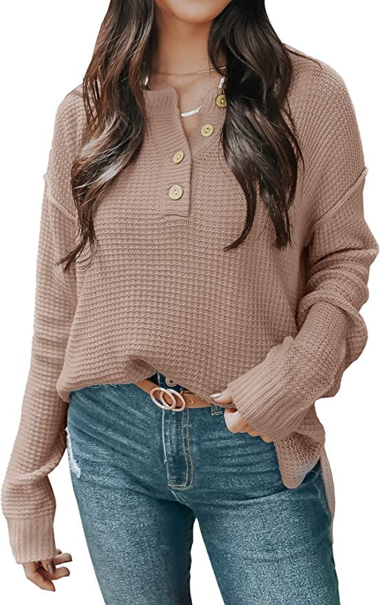 ZESICA Women's Waffle Knit V Neck Sweater Casual Long Sleeve Side Slit Button Henley Pullover Jum... | Amazon (US)
