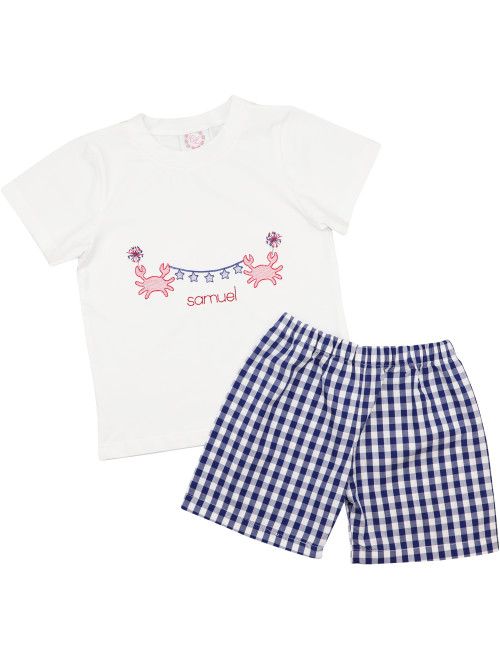 Navy Check Crab And Star Banner Short Set | Cecil and Lou