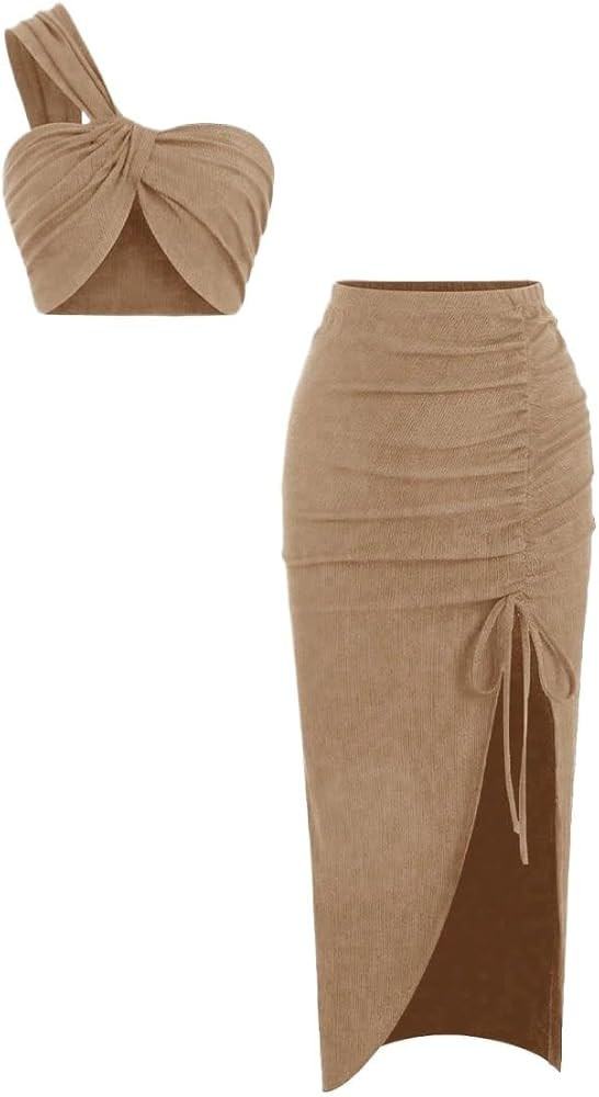 Womens 2 Piece Skirt Sets Asymmetrical Shoulder Strap Top And Pleated Skirt Two Pieces Set | Amazon (US)