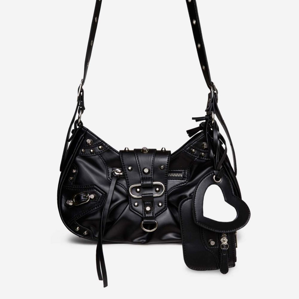 Aracely Studded Purse And Mirror Detail Shoulder Bag In Black Faux Leather | EGO Shoes (US & Canada)