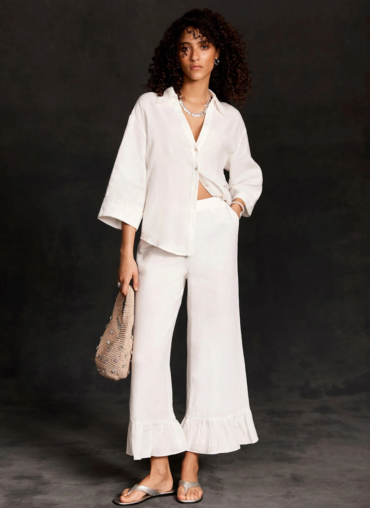 White Linen Wide Ruffle Trousers | Mint Velvet