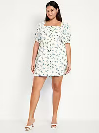 Puff-Sleeve Linen-Blend Mini Dress | Old Navy (US)