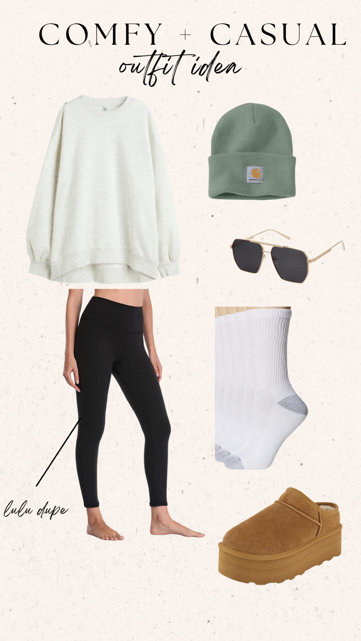 Comfy and casual outfit of the day 

OOTD
Lululemon dupe leggings 
Hanes socks 
Sunglasses 
Carhart beanie 
Oversized sweatshirt 
Ugg dupes 
Platform uggs 

#ootd

#LTKfit #LTKstyletip #LTKunder50