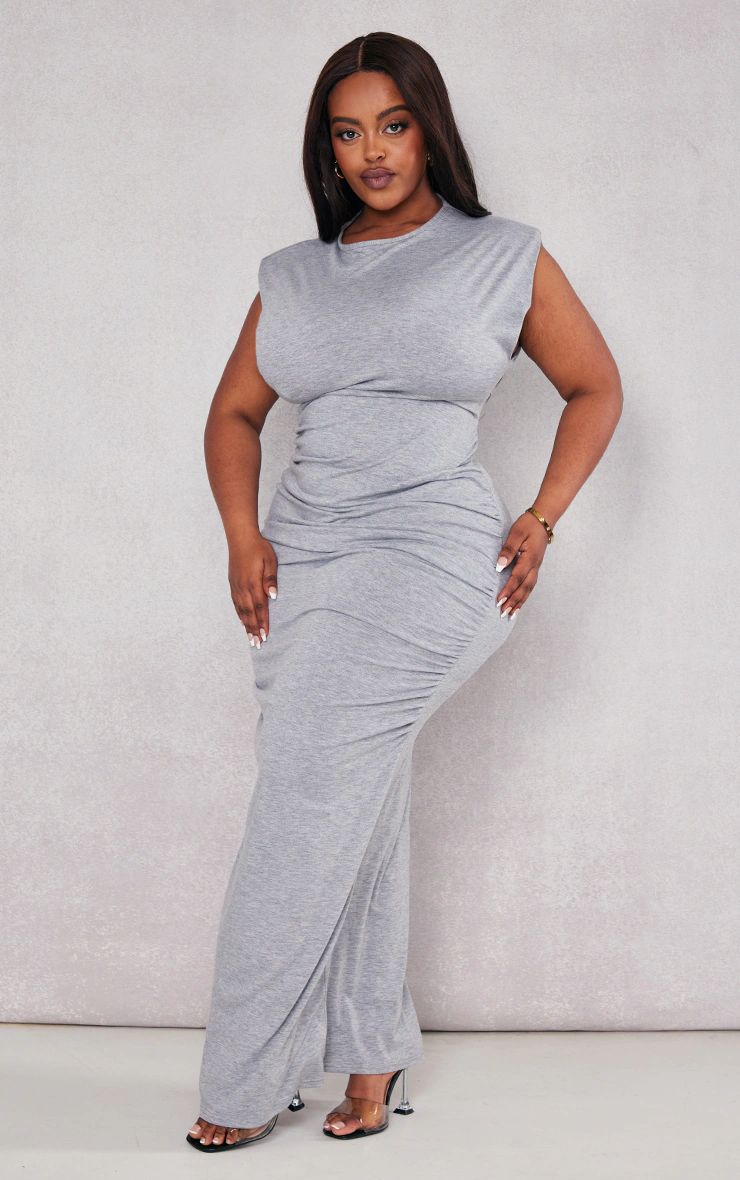 Plus Grey Marl Shoulder Pad Ruched Side Midaxi Dress | PrettyLittleThing US
