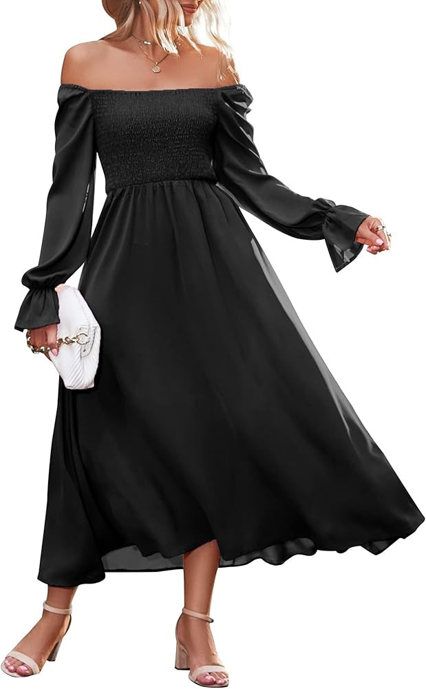 VOTEPRETTY Women's Long Sleeve Off Shoulder Maxi Dress Square Neck Stretchy Smocked Casual Party ... | Amazon (US)