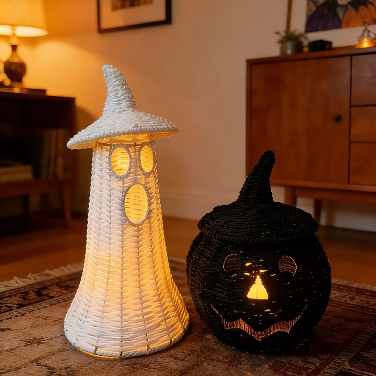 Handwoven Rattan Ghost Lantern with Witch Hat - 13.78 Inch White Wicker Ghost Decor, Light Up Hal... | Walmart (US)