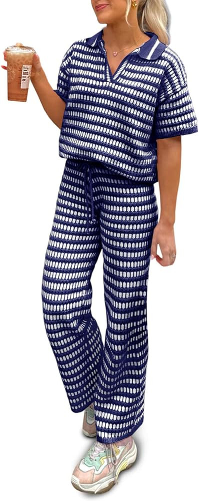 Imily Bela Womens 2 Piece Outfits Striped Short Sleeve Sweater Tops Knit Sets Wide Leg Pants Loun... | Amazon (US)