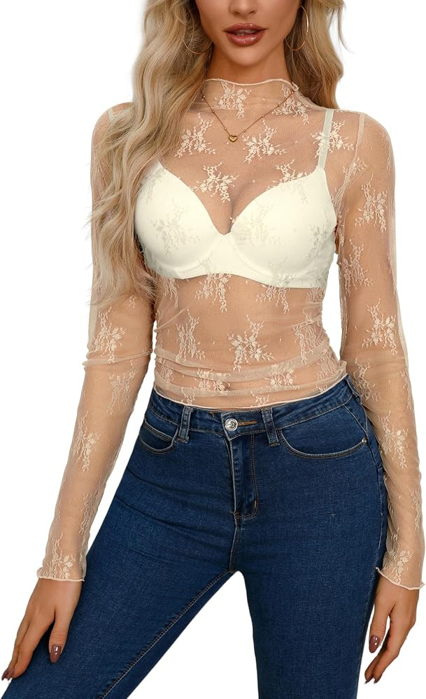 AISEW Womens Mesh Sheer Long Sleeve Crop Tops Mock Neck Sexy See Through Tee Shirts Lace Floral Y... | Amazon (US)