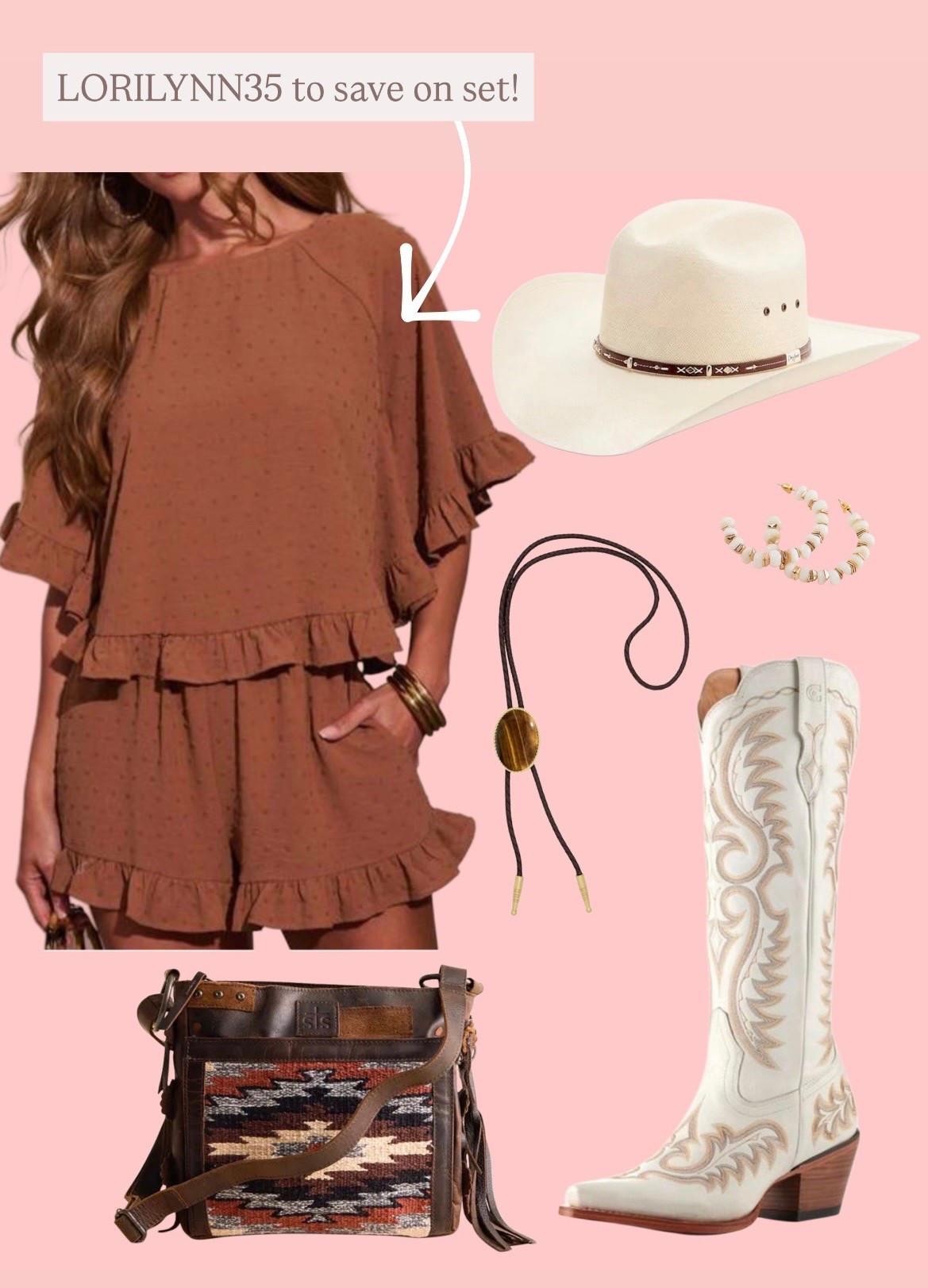 Adorable brown top and shorts set paired with white western boots, holo tie, and crossbody bag! Code LORILYNN35 to save on set

#LTKootd #LTKSeasonal