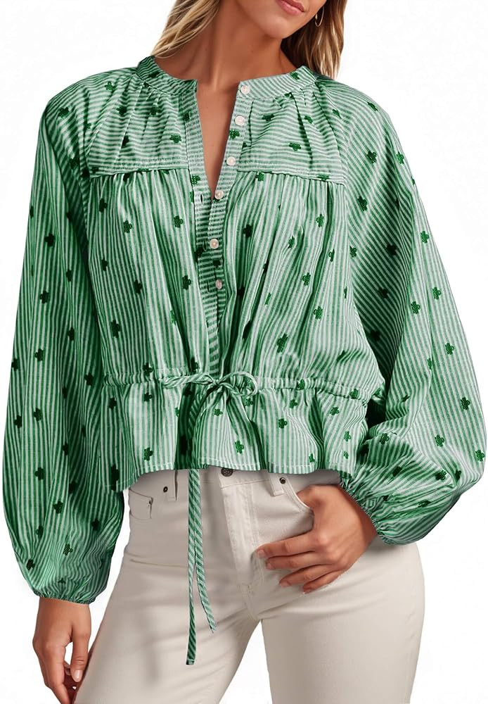 Tankaneo Womens Striped Cropped Button Down Shirts Puff Long Sleeve Peplum Tops Drawstring Waist ... | Amazon (US)